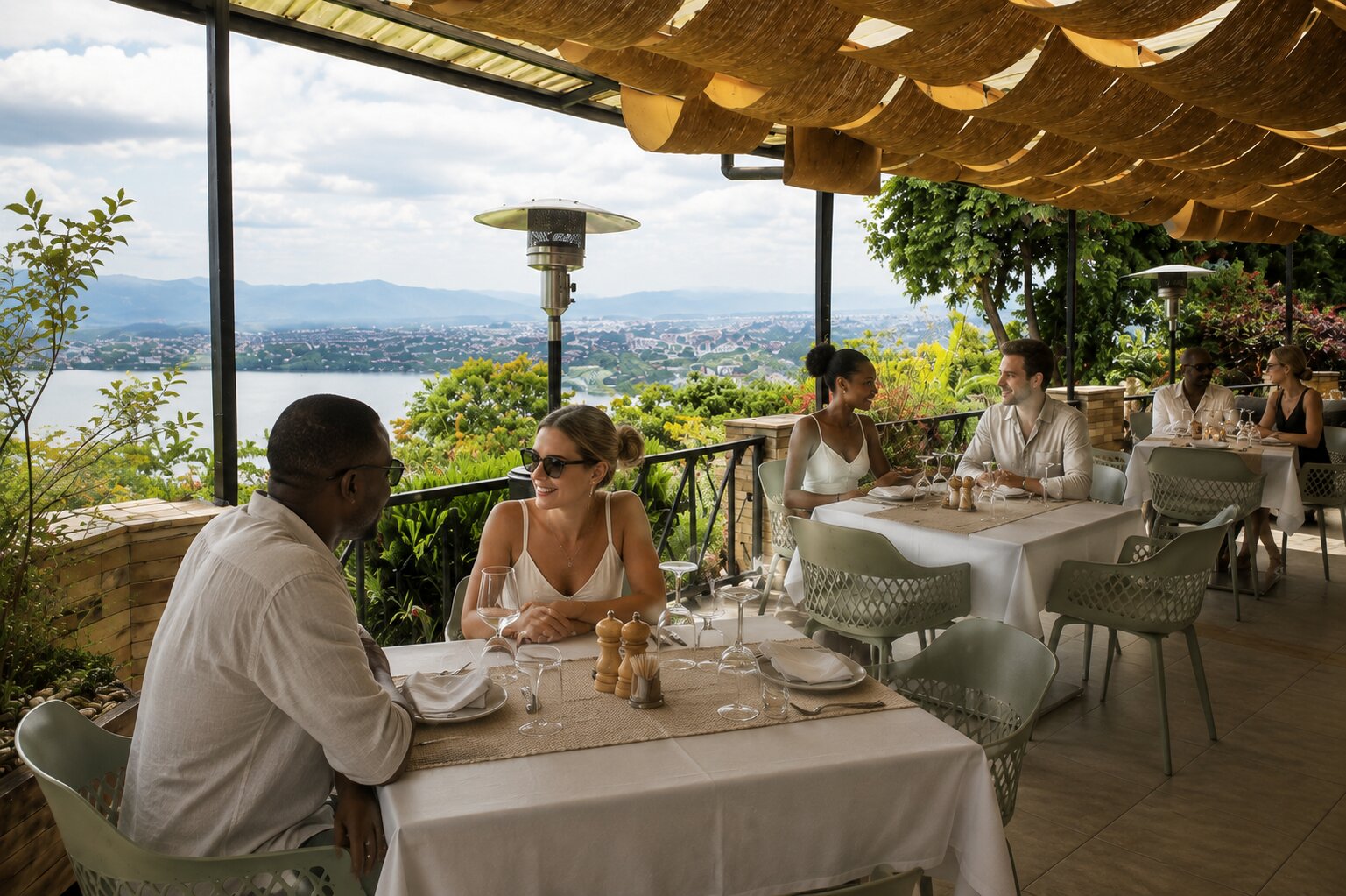 Guests dining on a lakeside terrace at a boutique Lake Kivu lodge, Rwanda